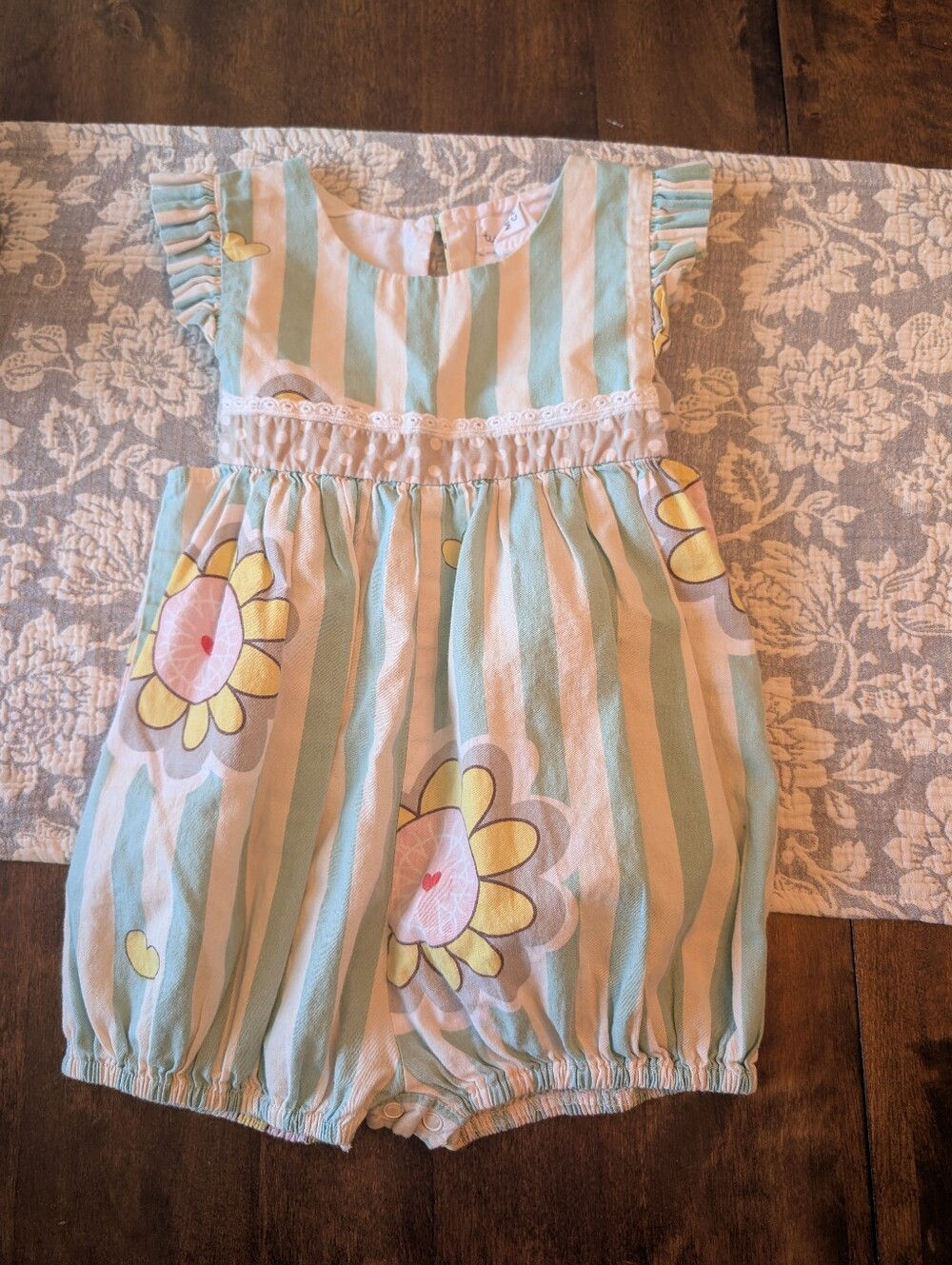Striped Mint & Cream Floral Bubble Romper/  2T Girl